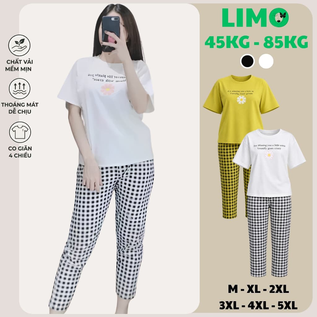 Đồ Bộ Nữ Bigsize LIMO Quần Dài Caro Hoa Cúc Thun Cotton Co Giãn Mặc Nhà Đi Chơi Dễ Thương 43-85kg DB10