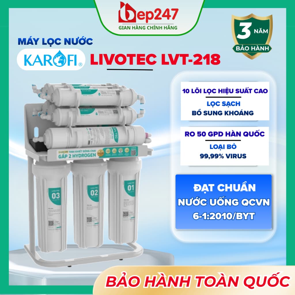 Máy Lọc Nước RO Karofi Livotec 218 10 Lõi Màng RO 50GPD Hàn Quốc Công Suất 10L/H 6 Lõi Chức Năng Hydrogen Khoáng