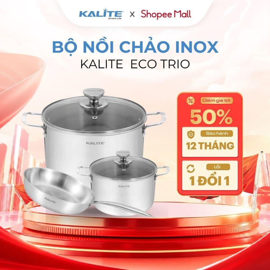 Bộ Nồi Chảo Inox KALITE Eco Trio Gồm 2 Nồi, 1 Chảo - Truyền Nhiệt Đều, Bền Đẹp - Dùng Mọi Loại Bếp