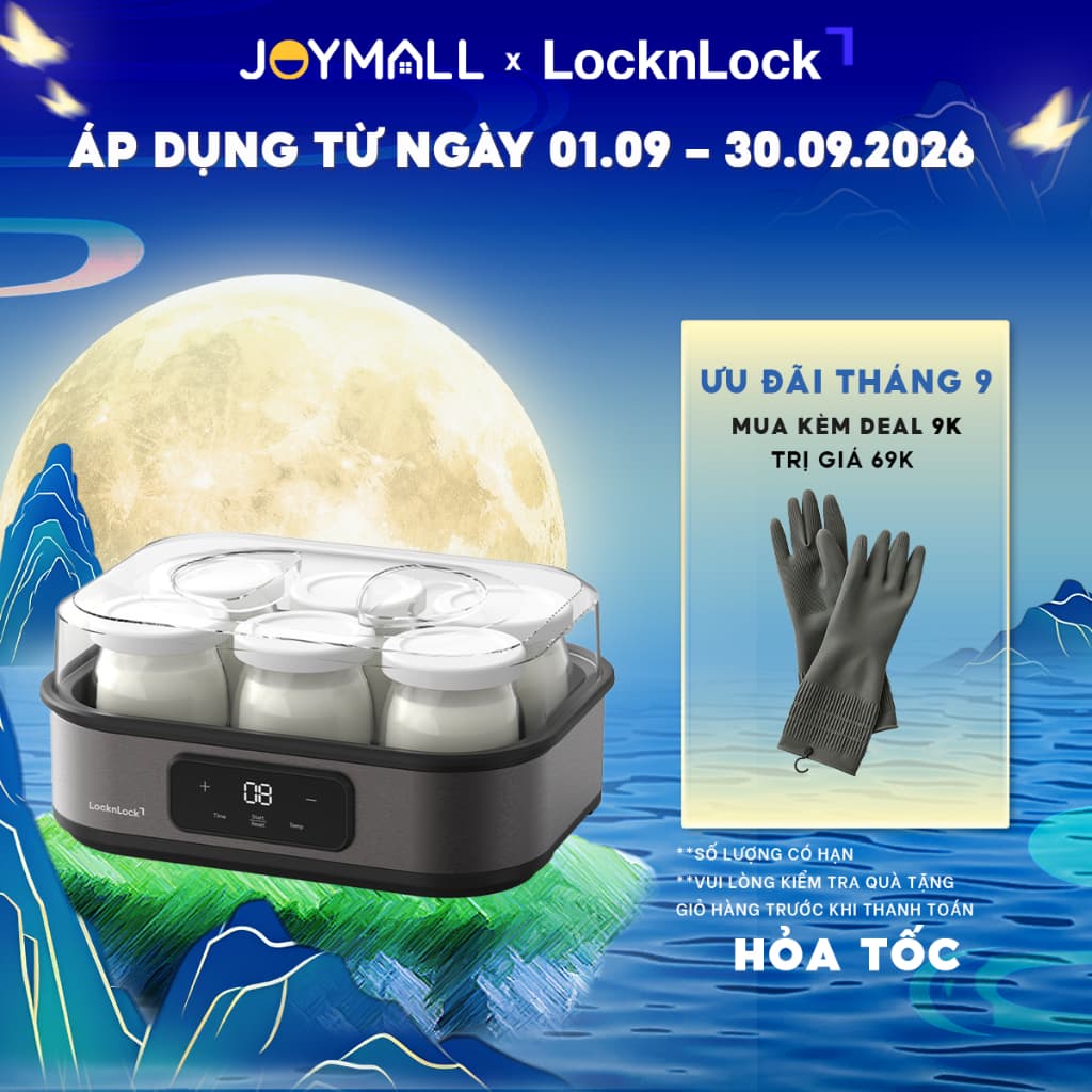 Máy làm sữa chua LocknLock EJY213GRY Kèm 6 Hủ Thuỷ Tinh 220-240V, 50/60Hz, 20W, 1.08L - Màu xám - Chính Hãng - JoyMall