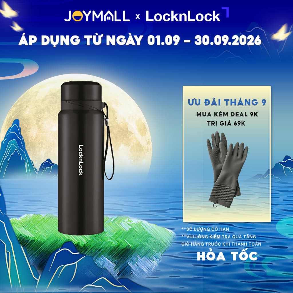 [ShopeeVIP T9] Bình giữ nhiệt LocknLock 800ml LHC6180BLK màu Đen có lưới lọc trà, dây treo - Hàng Chính Hãng - JoyMall