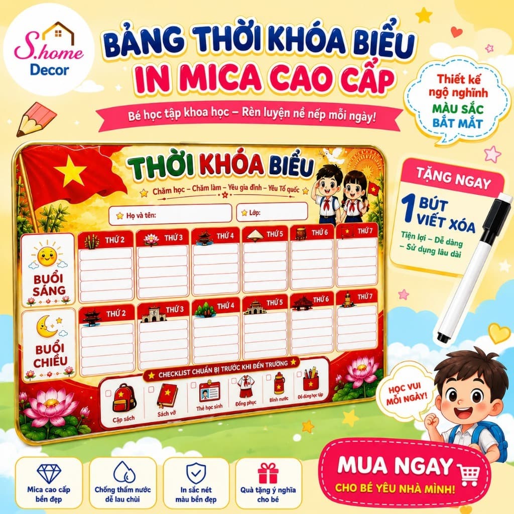 Bảng Thời Khóa Biểu Tráng Gương Để Bàn (TẶNG BÚT VIẾT XÓA) Kích Thước 20x30cm, Bền Đẹp, Chống Nước, Dễ Lau Chùi