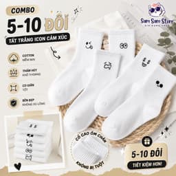 Combo 5- 10 Đôi Tất Trắng In Hình Icon Cảm Xúc Chất Liệu Cotton Mềm Mại Thấm Hút Mồ Hôi Tốt Phong Cách Trẻ Trung 1