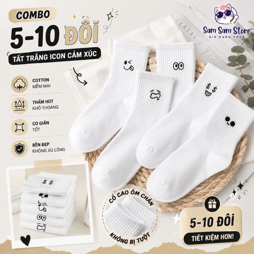 Combo 5- 10 Đôi Tất Trắng In Hình Icon Cảm Xúc Chất Liệu Cotton Mềm Mại Thấm Hút Mồ Hôi Tốt Phong Cách Trẻ Trung