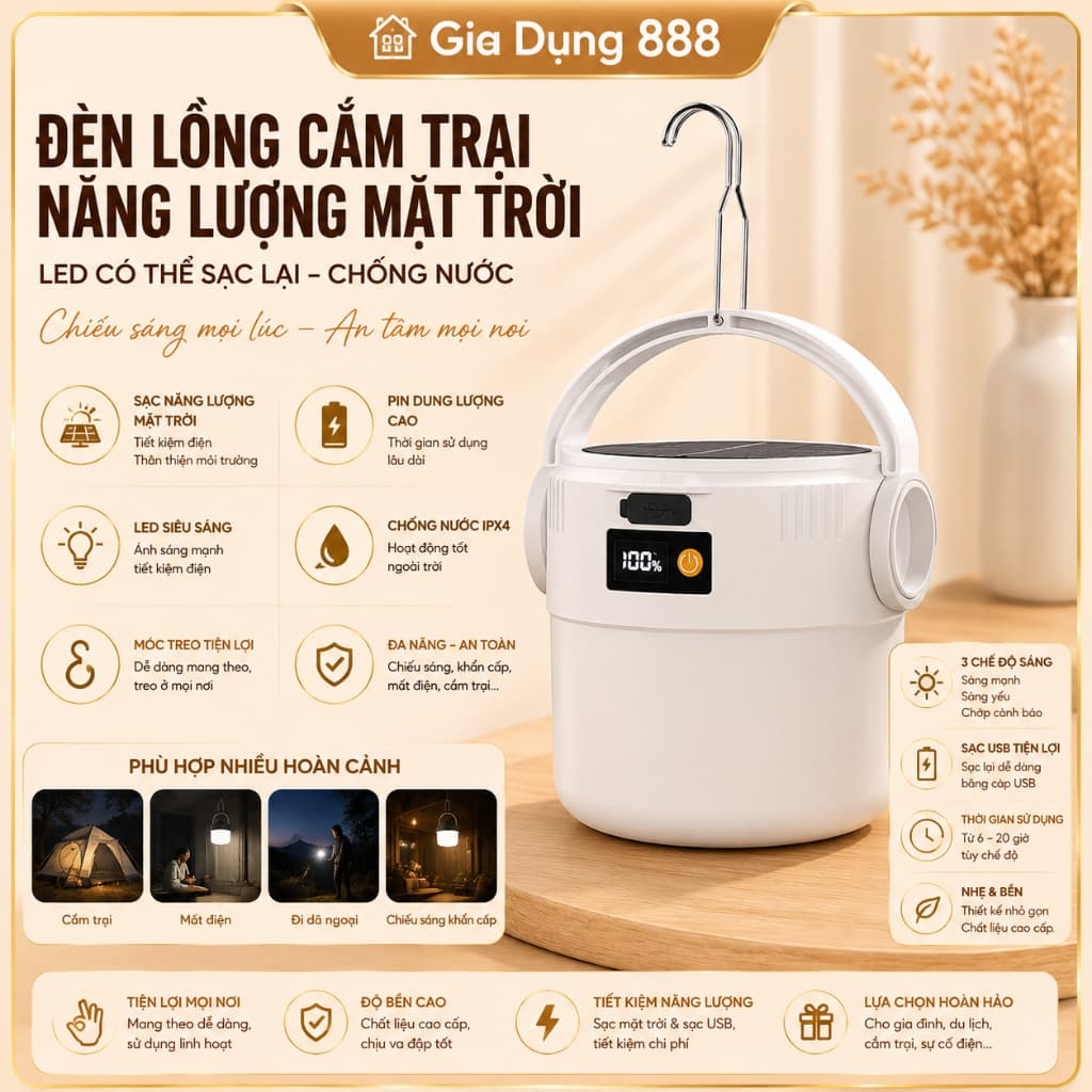 Đèn Lồng Cắm Trại Năng Lượng Mặt Trời LED Có Thể Sạc Lại Chống Nước Đèn Pin Ngoài Trời, Đèn Khẩn Cấp