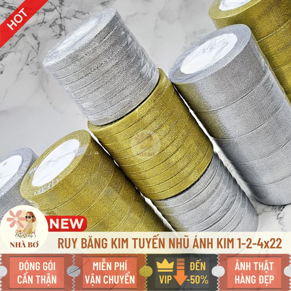Lốc ruy băng kim tuyến nhũ 1 2 4cm x 22m làm nơ gói quà gói hoa trang trí handmade
