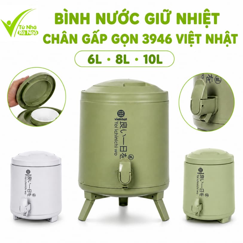 Bình Đựng Nước Có Vòi Rót 3946 Việt Nhật 6L 8L 10L, Thiết Kế Chân Đỡ Tiện Lợi GD378