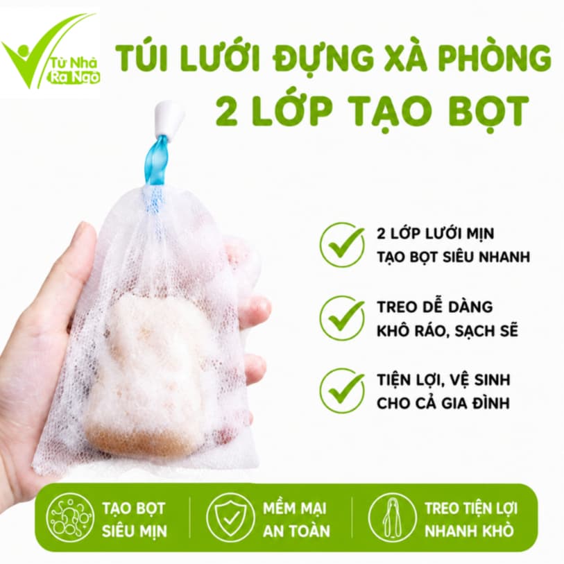 Túi Lưới Đựng Xà Phòng 2 Lớp Tạo Bọt Siêu Mịn Có Dây Rút Treo Tiện Lợi Giúp Xà Phòng Khô Nhanh Chống Trơn Trượt GD394