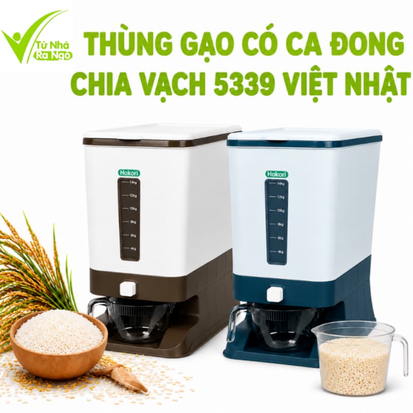 Thùng Đựng Gạo Thông Minh Hokori Kèm Ca Đong Chia Vạch Nhựa PP Cao Cấp Nắp Đậy Kín Hạn Chế Ẩm Mốc GD399