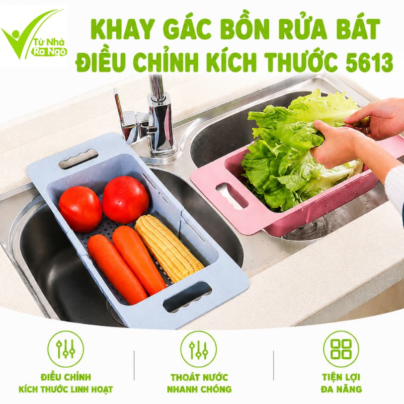 Khay Gác Bồn Rửa Bát Điều Chỉnh Kích Thước 5613 Có Lỗ Thoát Nước Nhanh Dùng Rửa Rau Củ Quả GD407