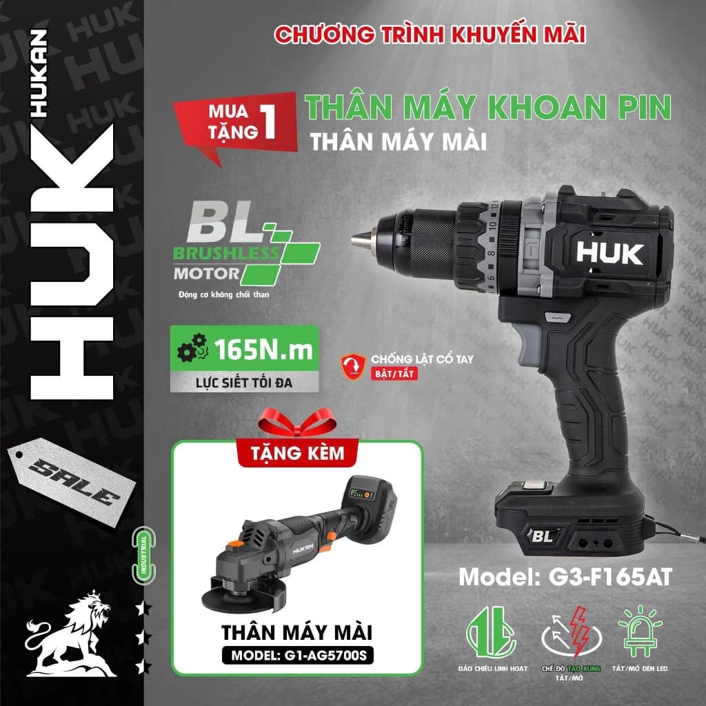 [TẶNG G1-AG5700s-XC] Máy khoan pin HUKAN HUK G3-F165AT, Không chổi than 165Nm Chống lật cổ tay Tạo xung