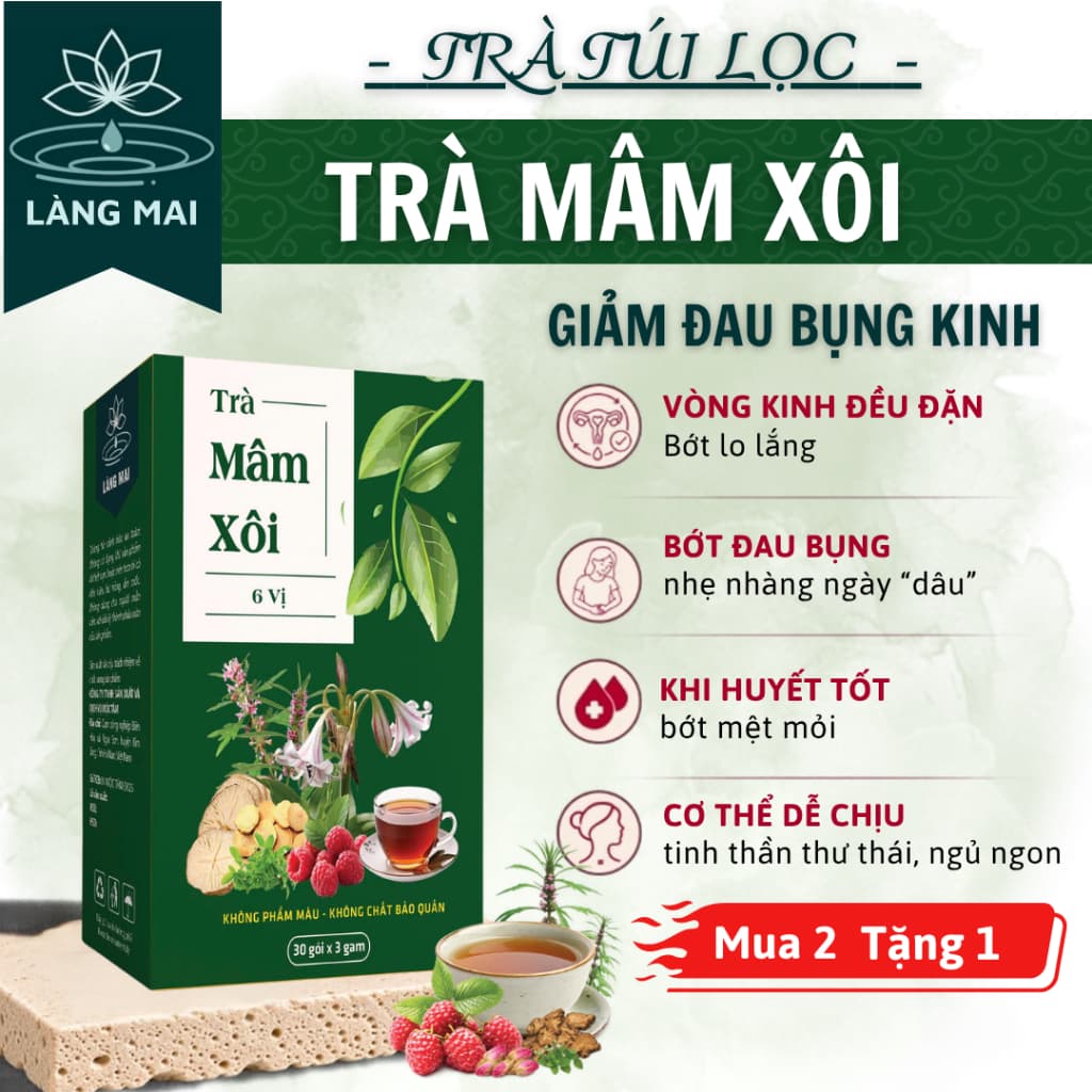 Trà điều kinh Mâm Xôi - Làng Mai - Giảm đau bụng kinh, da xấu, khí huyết kém, hỗ trợ u nang tử cung, nội tiết nữ