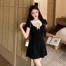 JARI-đầm thiết kế phối cổ ren kiểu đính nơ chất liệu chéo hàn dày dặn,mềm mịn đi học,đi chơi,đi làm..full size từ xs-xxl 1
