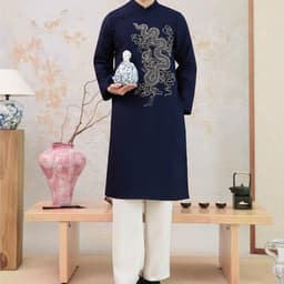 Áo dài Nam Minh Long màu xanh than - vải tafta Pháp đứng form - tà 110cm - nam tính - mẫu mới nhất 2027 2