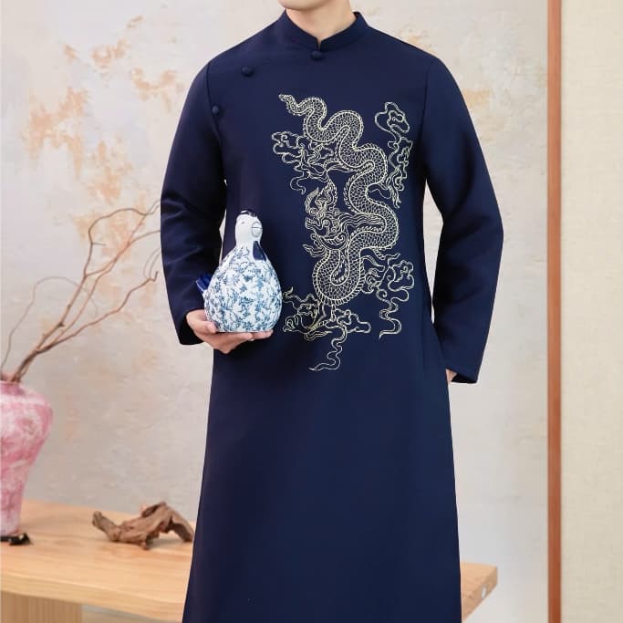 Áo dài Nam Minh Long màu xanh than - vải tafta Pháp đứng form - tà 110cm - nam tính - mẫu mới nhất 2027