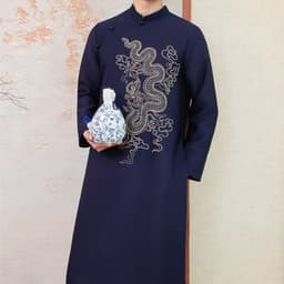 Áo dài Nam Minh Long màu xanh than - vải tafta Pháp đứng form - tà 110cm - nam tính - mẫu mới nhất 2027 4