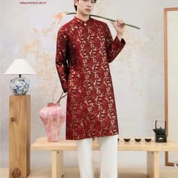 Áo dài Nam Cẩm Vũ 2 màu xanh rêu - đỏ chất liệu gấm dệt ánh kim cứng cáp vừa phải - đứng form - nam tính 6