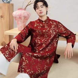 Áo dài Nam Cẩm Vũ 2 màu xanh rêu - đỏ chất liệu gấm dệt ánh kim cứng cáp vừa phải - đứng form - nam tính 7