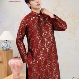 Áo dài Nam Cẩm Vũ 2 màu xanh rêu - đỏ chất liệu gấm dệt ánh kim cứng cáp vừa phải - đứng form - nam tính 4