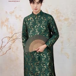 Áo dài Nam Cẩm Vũ 2 màu xanh rêu - đỏ chất liệu gấm dệt ánh kim cứng cáp vừa phải - đứng form - nam tính 3