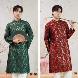 Áo dài Nam Cẩm Vũ 2 màu xanh rêu - đỏ chất liệu gấm dệt ánh kim cứng cáp vừa phải - đứng form - nam tính 1
