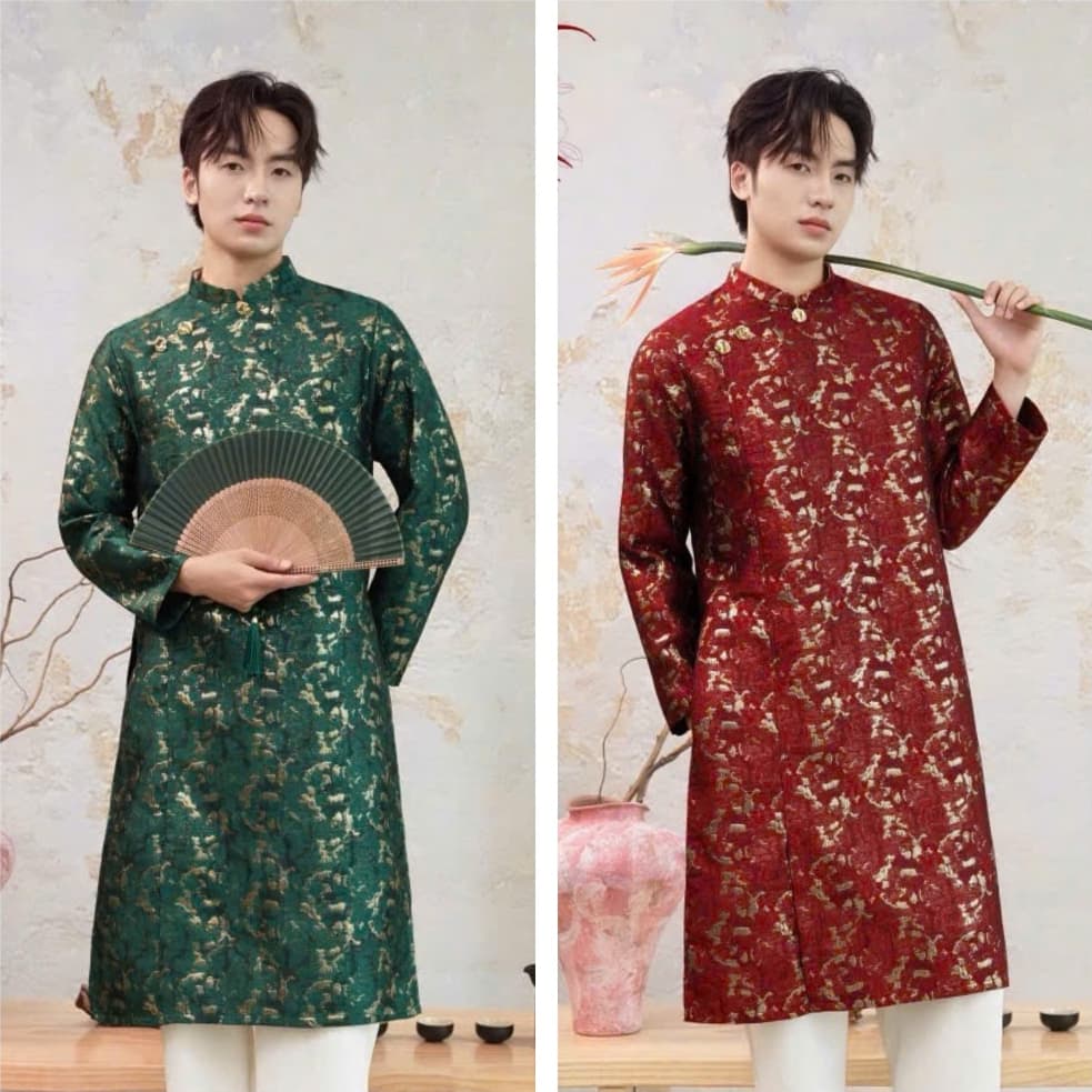 Áo dài Nam Cẩm Vũ 2 màu xanh rêu - đỏ chất liệu gấm dệt ánh kim cứng cáp vừa phải - đứng form - nam tính
