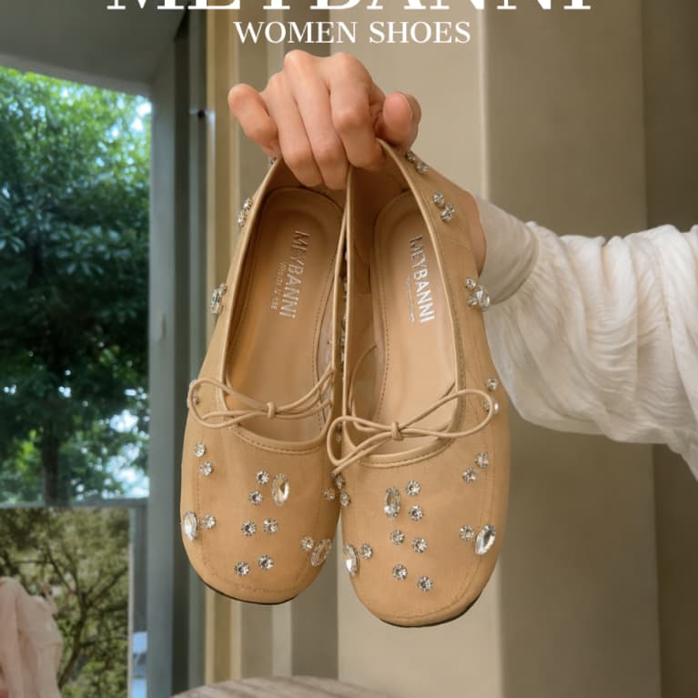 [Chân Gầy-Lùi 1 size ]Giày Búp Bê MEYBANNI Mũi Vuông Lưới Đính Đá Gắn Nơ  Thắt Chéo Siêu Xinh-C750