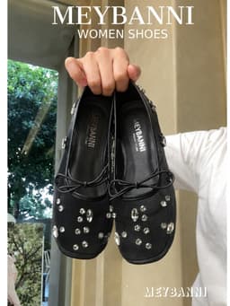 [Chân Gầy-Lùi 1 size ]Giày Búp Bê MEYBANNI Mũi Vuông Lưới Đính Đá Gắn Nơ  Thắt Chéo Siêu Xinh-C750 10