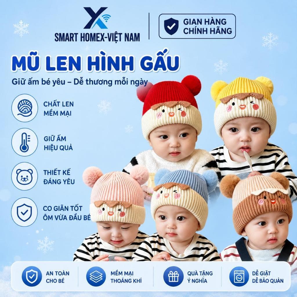 Mũ len tai gấu cho bé 6-18 Tháng Phong cách Hàn Quốc giữ ấm mùa đông dễ thương