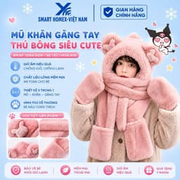 Mũ lông mềm trùm đầu tai gấu kèm khăn và bao tay 3in1 cao cấp giữ ấm mùa đông 1