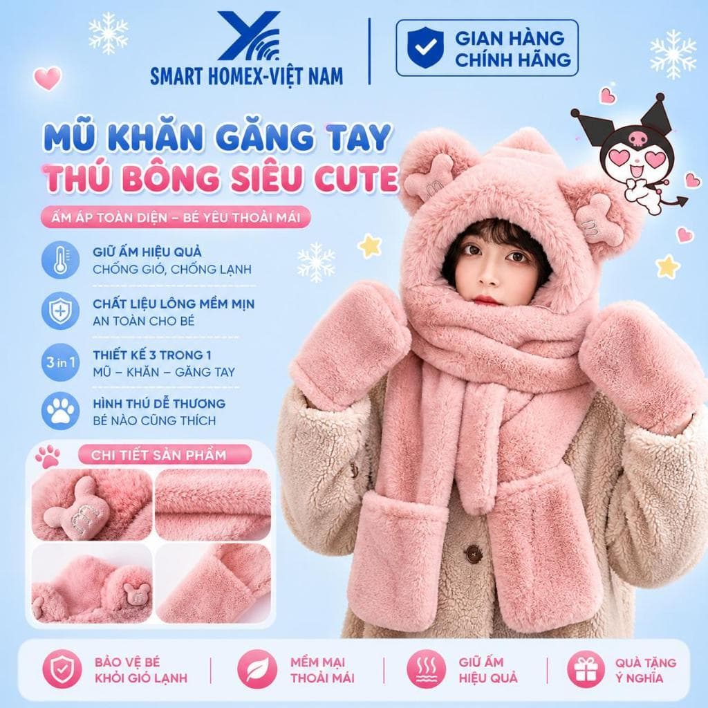 Mũ lông mềm trùm đầu tai gấu kèm khăn và bao tay 3in1 cao cấp giữ ấm mùa đông