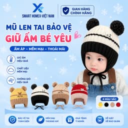🧸 MŨ LEN TAI GẤU MI FUN CHO BÉ 2–12 THÁNG – SIÊU ẤM, SIÊU CUTE, CÓ DÂY BUỘC AN TOÀN 1