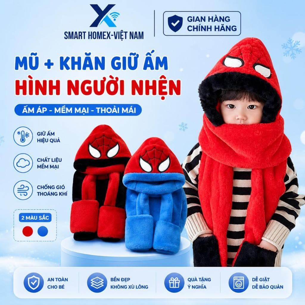 Mũ Trùm Đầu Cho Bé Hình Siêu Nhân Nhện Len Nỉ 3in1 Liền Khăn Và Bao Tay Giữ Ấm Mùa Lạnh