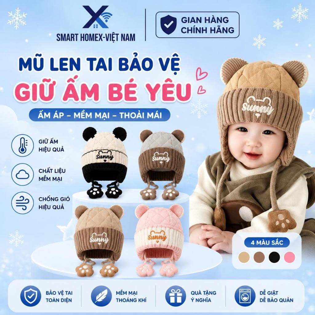 Mũ Len SUNNY Cho Bé Bịt Tai Dệt Kim Đính Gấu Tai Bông Giữ Ấm Mùa Đông Dùng Cho Bé 6–24 Tháng