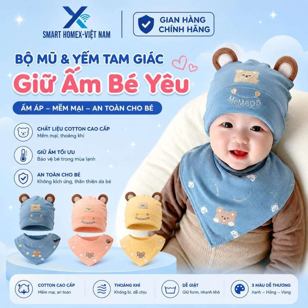 Set Khăn Mũ Kèm Yếm Cao Cấp Cho Bé 1–12 Tháng (38–46cm), Khăn Yếm Mềm Mại, Giữ Ấm, Nhiều Màu