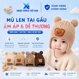 Mũ Len cho bé từ 3 đến 18 tháng gấu 2D xinh xắn tai bông dễ thương 1
