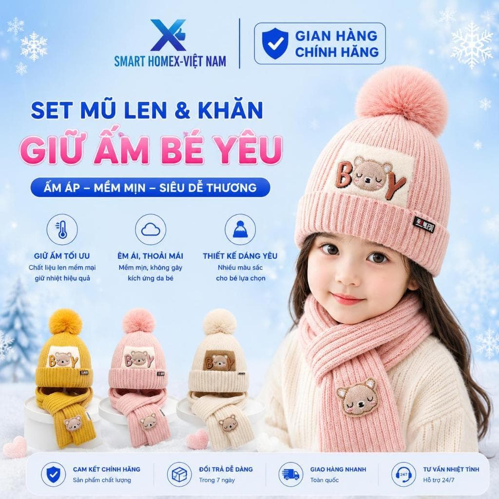 Bộ Mũ Len Gấu Kèm Khăn Quàng Cổ Cho Bé Siêu Ấm Cực Xinh Phong Cách Hàn Quốc