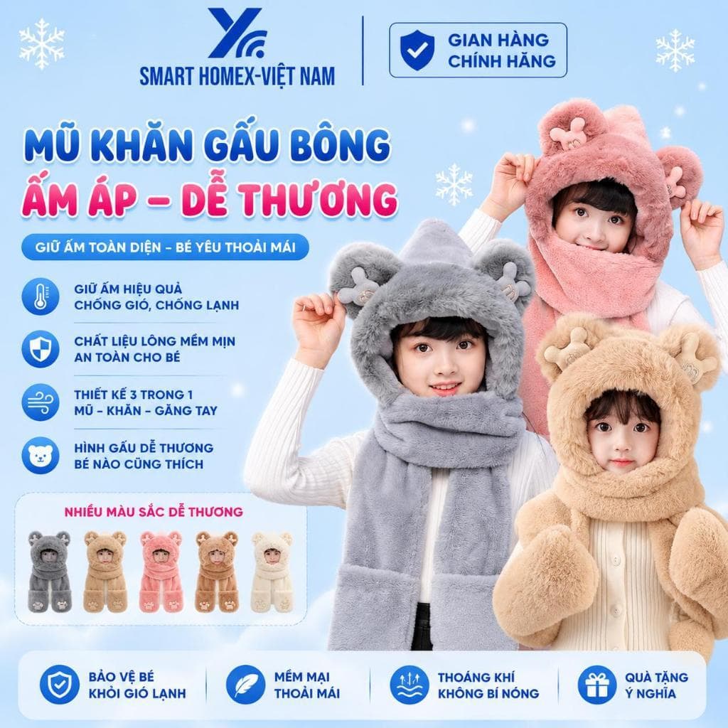 Mũ len mùa đông cho bé kèm khăn quàng và găng tay chất liệu lông mịn cao cấp, Mũ 3 trong 1 dày mịn