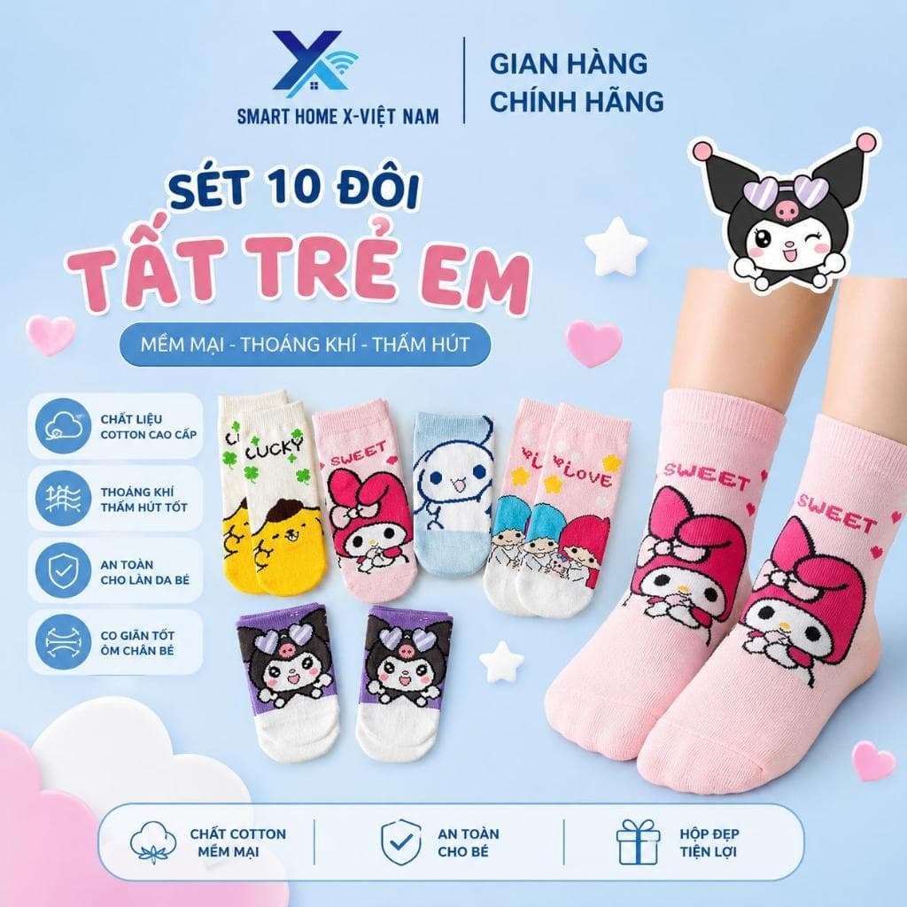 Set 10 Đôi Tất Trẻ Em Disney/Sanrio Cổ Ngắn Mix Màu, Vớ Cotton Thoáng Khí Họa Tiết Hoạt Hình Dễ Thương Cho Bé 1-12 Tuổi
