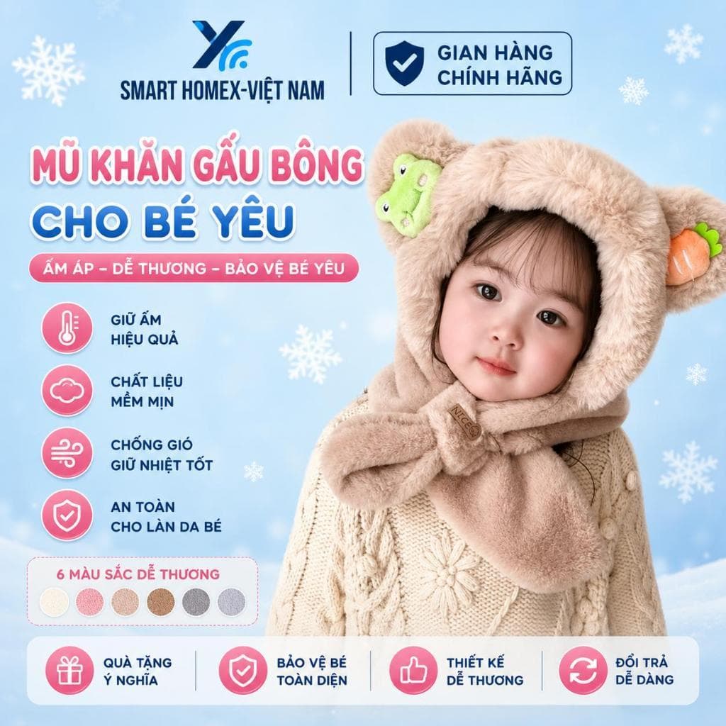 Mũ Khăn Choàng Cho Bé Trai/Gái, Lông Cừu Dày Dặn Hình Thú Cưng Kèm Charm Ngộ Nghĩnh (1-8 Tuổi)