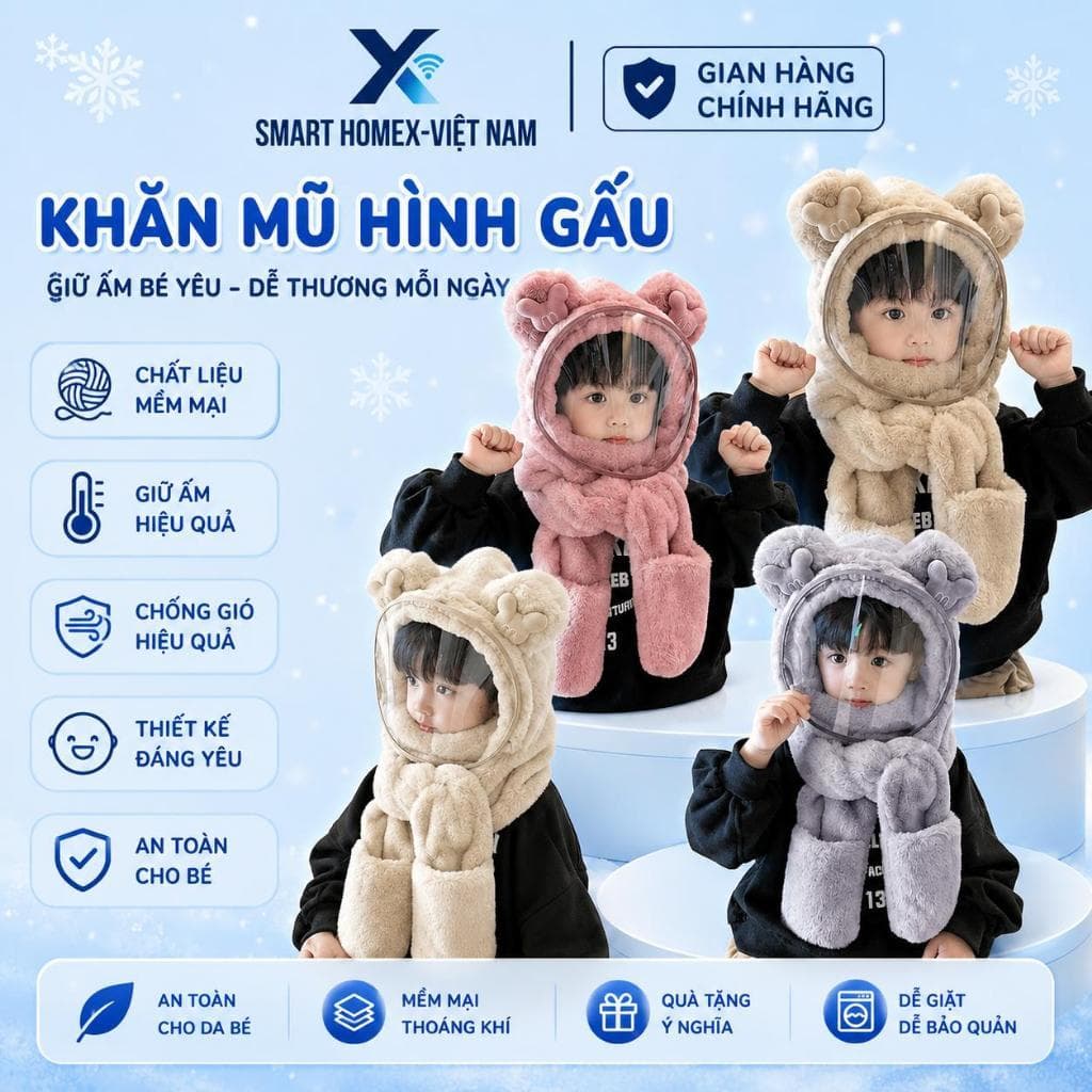 Mũ Len Trùm Đầu Có Kính Chắn Gió Kèm Khăn Quàng Cổ Và Găng Tay Cho Bé, Nón Len Lông Cừu Có Bao Tay Cho Bé