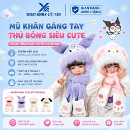 Mũ len lông cừu cho bé 5-12 tuổi, mũ chùm đầu giữ ấm 3 trong 1 kèm khăn quàng cổ và găng tay hoạ tiết kuromi 1
