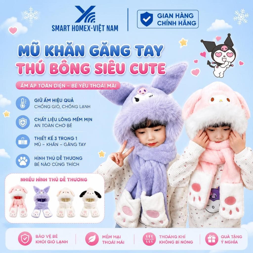 Mũ len lông cừu cho bé 5-12 tuổi, mũ chùm đầu giữ ấm 3 trong 1 kèm khăn quàng cổ và găng tay hoạ tiết kuromi