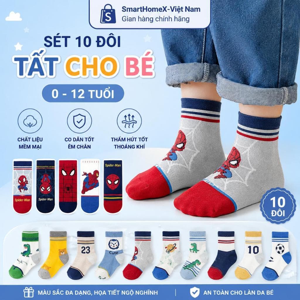 Set 10 Đôi Vớ/Tất Trẻ Em Họa Tiết Siêu Anh Hùng Spider-Man & Pikachu - Cotton Thoáng Khí