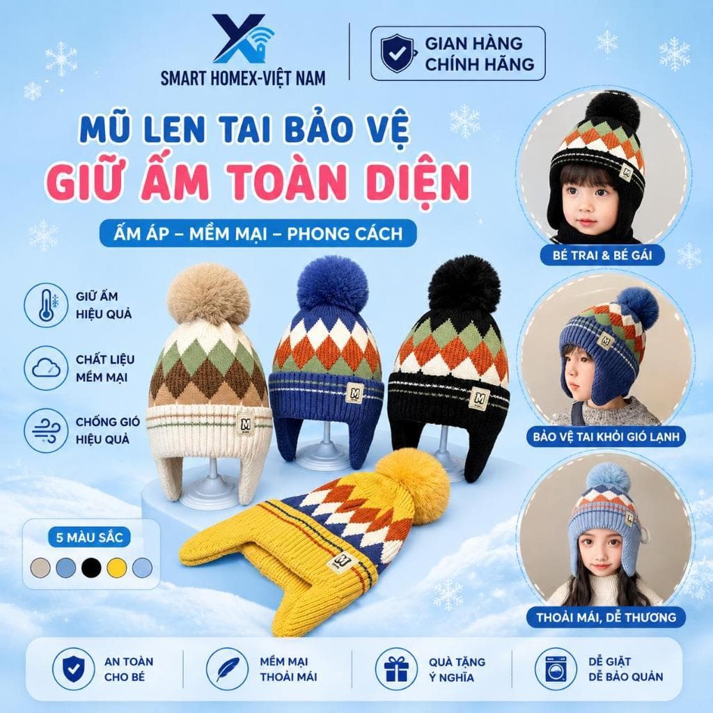 Mũ Len Trẻ Em Nam Nữ Trùm Đầu Kèm Khăn Quàng Cổ Bịt Tai Giữ Ấm Mùa Đông Mềm Mại Tiện Lợi Cho Bé