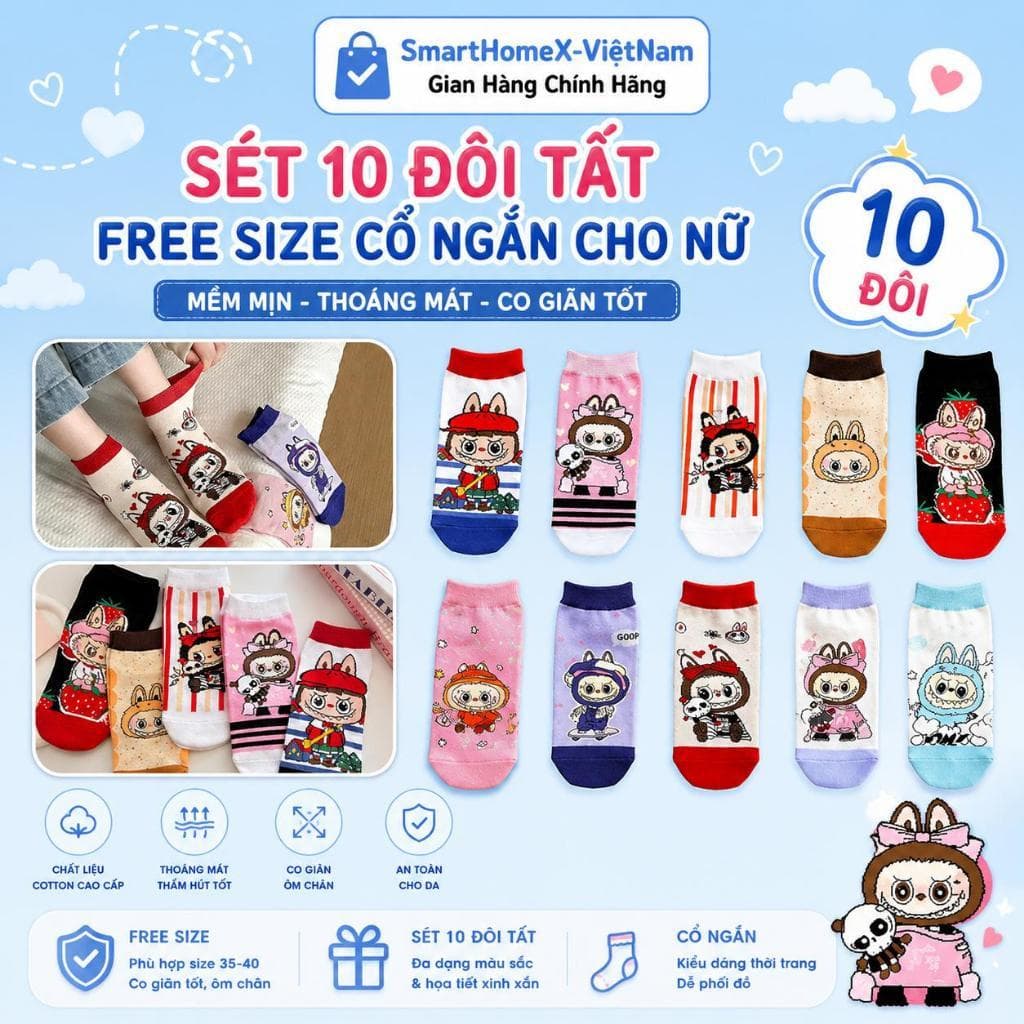 Set 10 Đôi Tất Cổ Ngắn Labubu Cute, Vớ Họa Tiết Thú Cưng Dành Cho Người Lớn, Cotton Thoáng Khí