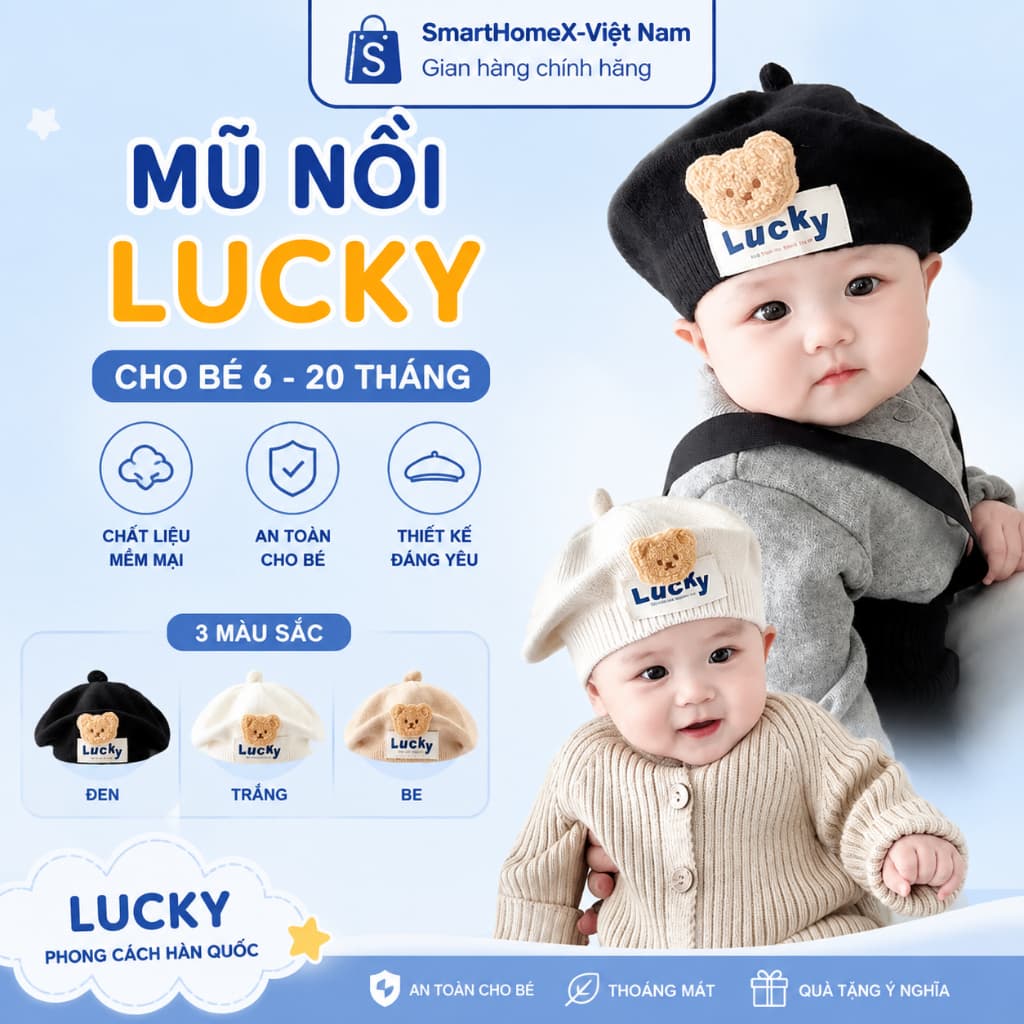 Mũ Len Nồi Gấu Lucky Cho Bé 3–12 Tháng Giữ Ấm Dày Dặn Lót Bông Nhiều Màu Dễ Thương Cho Bé