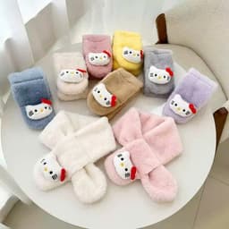 Khăn quàng cổ lông mềm cho bé kèm thú bông thỏ Labubu, Kity dễ thương giữ ấm mùa đông 2