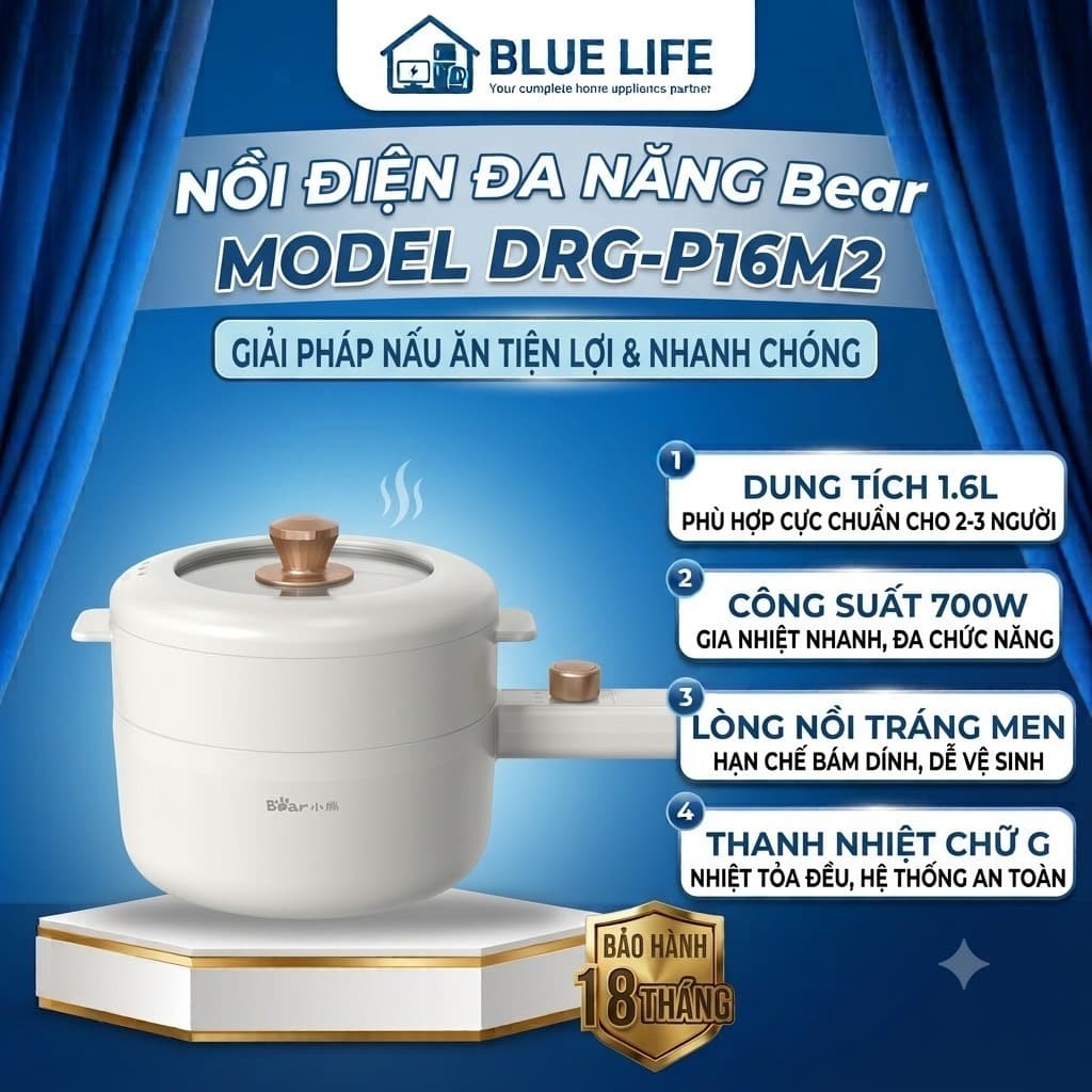 Nồi Điện Đa Năng Bear DRG-P16M2, 700W - Dung Tích 1,6L - Kèm Khay Hấp, Bảo Hành 18 Tháng