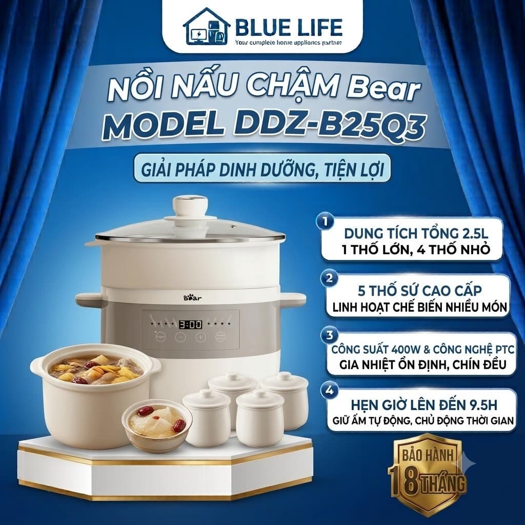 NỒI NẤU CHẬM BEAR DDZ-B25Q3 2.5L – 400W, 5 THỐ SỨ, CHƯNG CÁCH THỦY, NẤU CHÁO, HẦM, CHÈ, HẸN GIỜ 9.5H